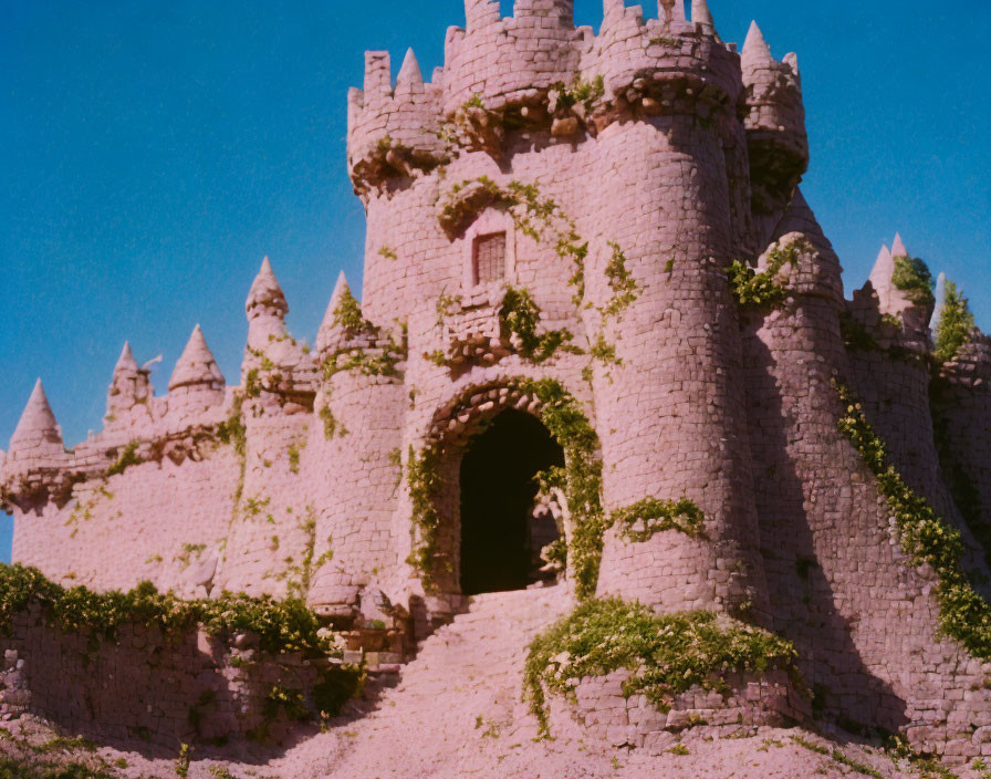 Ivy-covered stone castle with arched entrance and turrets under blue sky