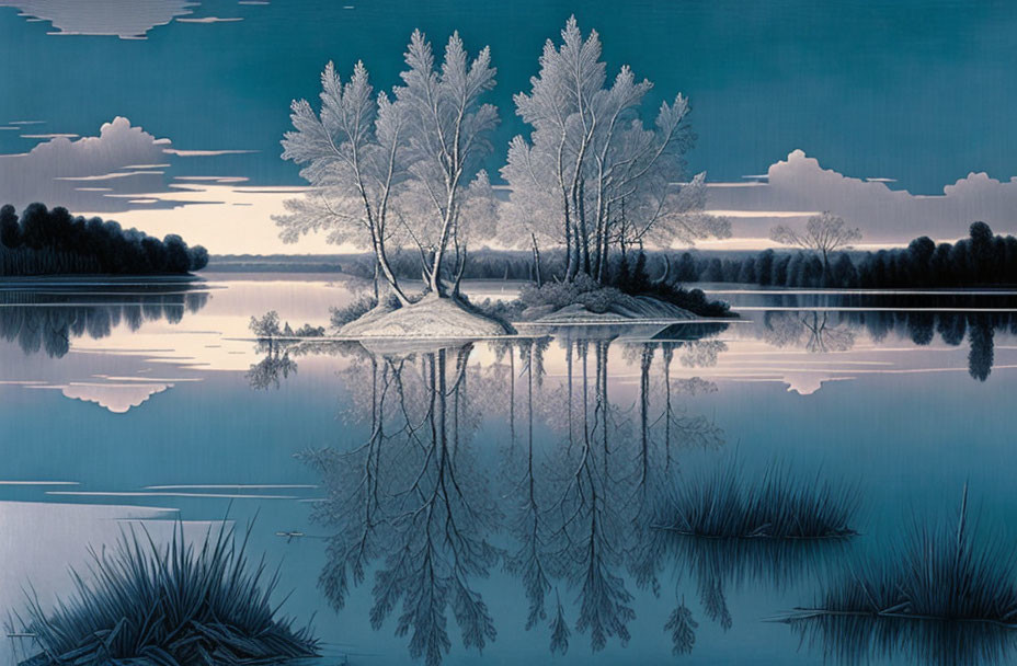 Tranquil Blue Landscape with Trees on Island Reflected in Lake