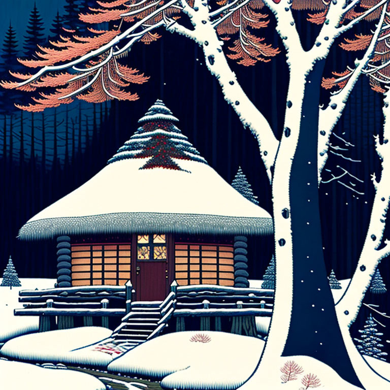 Traditional Thatched Roof Hut in Snowy Landscape