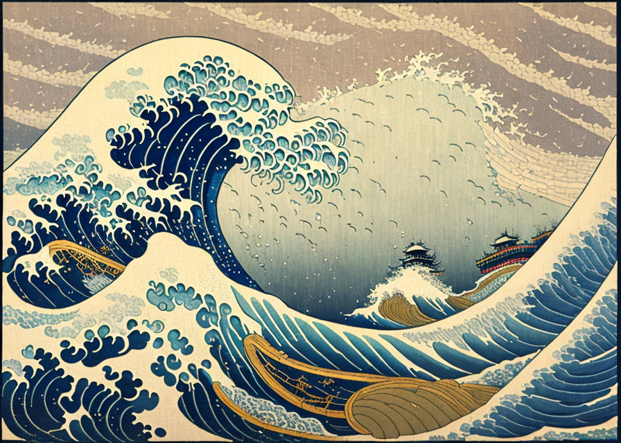 Hokusai-style coastal lighthouse in a storm