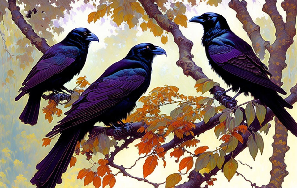 Black ravens on branches with green and orange leaves in purple and yellow setting