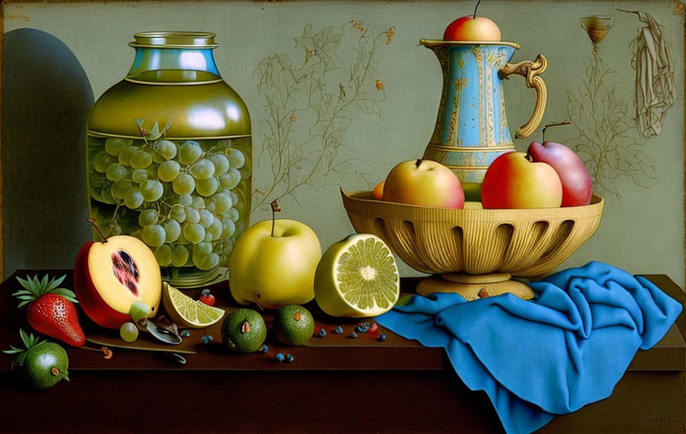 Classic Still Life Painting with Fruit, Lemon, Jar, and Pitcher on Table