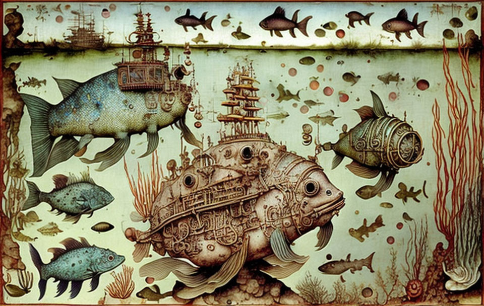 Detailed artwork of fish with ship and building-like structures swimming in bubbles and seaweed