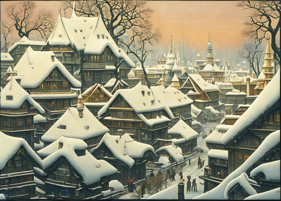 Snowy village scene with pedestrians and spires in wintry sky
