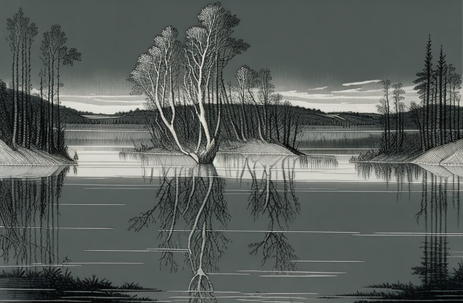 Serene monochromatic landscape with lake, trees, and forested horizon