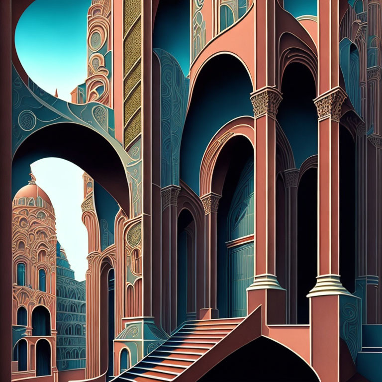 Detailed digital architectural fantasy illustration in teal, blue, and bronze palette