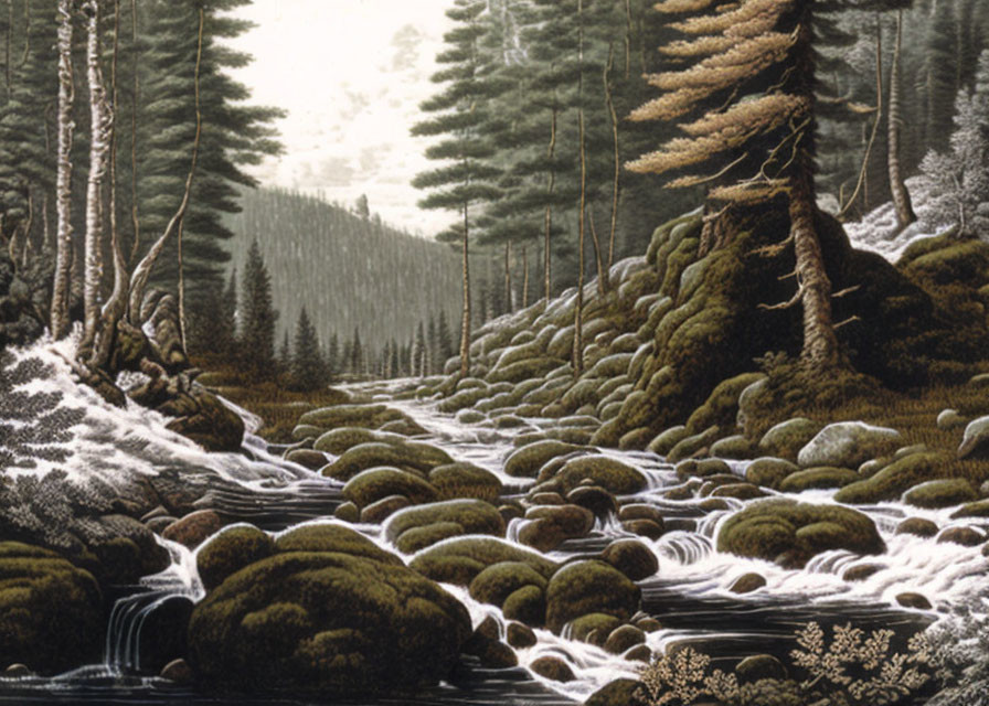 Detailed Illustration of Serene Forest with Stream and Snowpatches