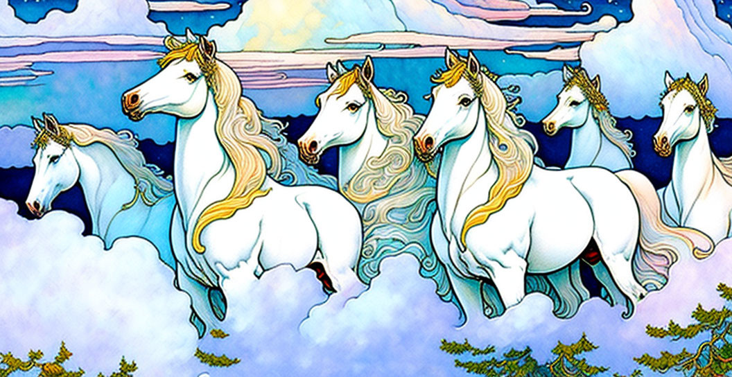 Vibrant illustration: Six majestic unicorns with golden horns in a pastel landscape