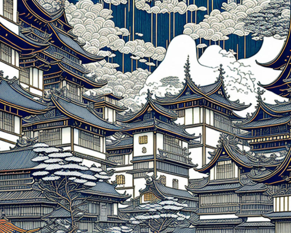 Japanese architecture illustration: Pagoda-style buildings in snowy landscape