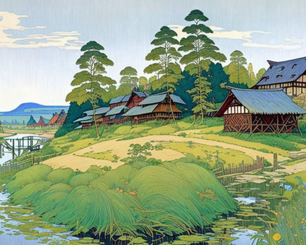 Japanese village with thatched houses by river and mountains in vibrant illustration