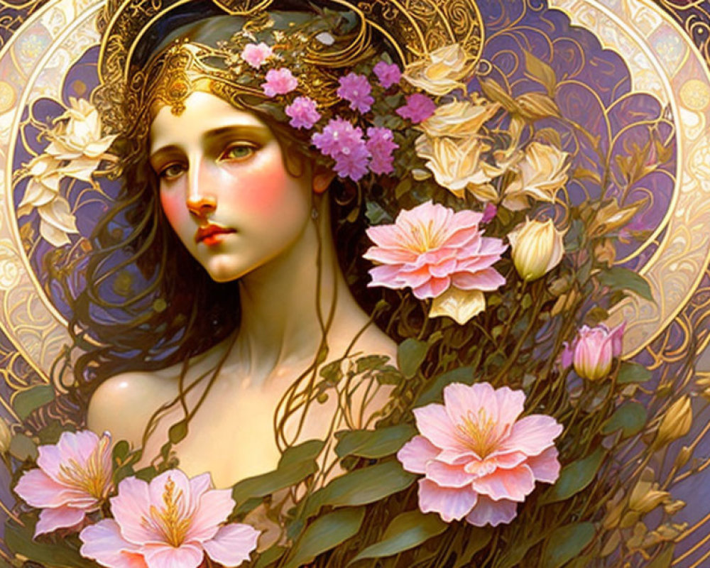Art Nouveau style portrait of woman with golden crown and floral motifs