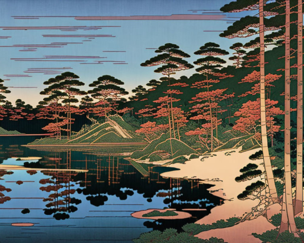 Japanese woodblock print of serene lake scene with reflection, trees with reddish foliage, pink sky