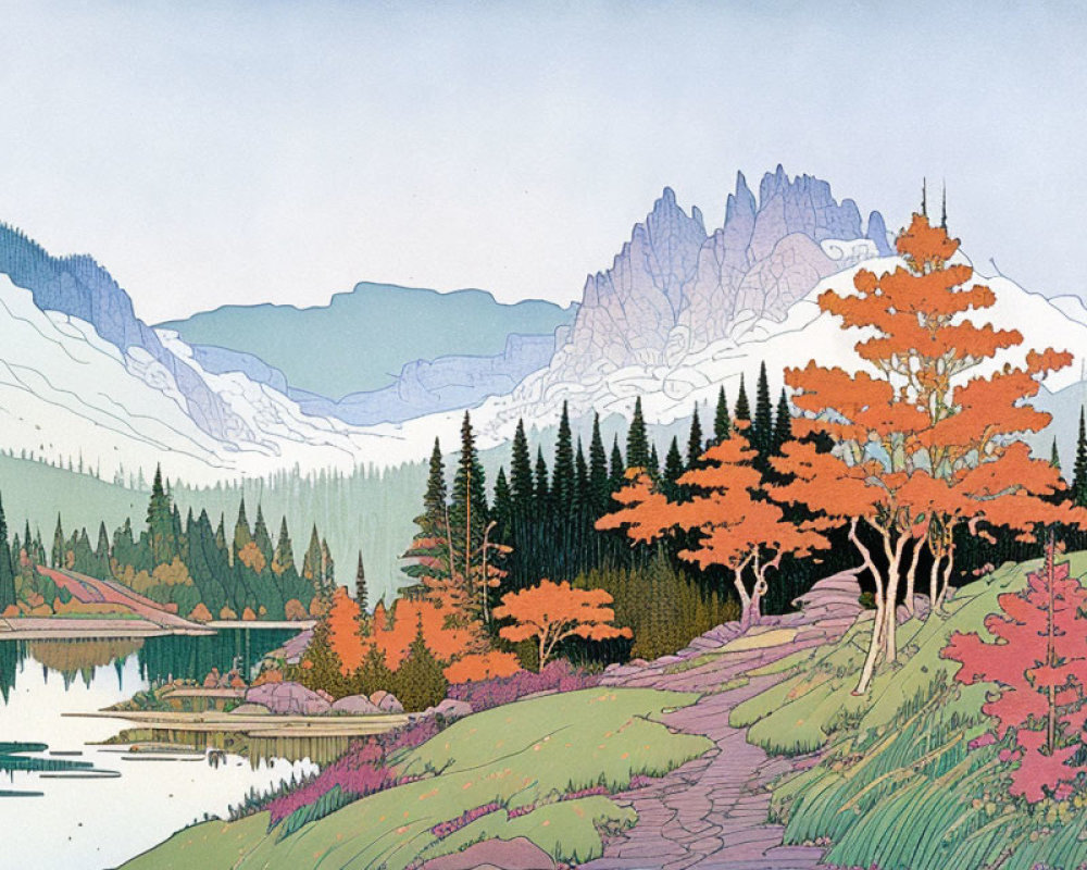 Tranquil landscape with vivid orange tree, lake, and mountains