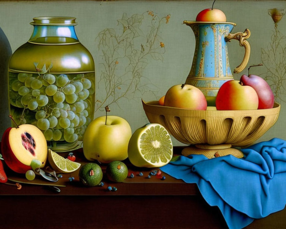 Classic Still Life Painting with Fruit, Lemon, Jar, and Pitcher on Table