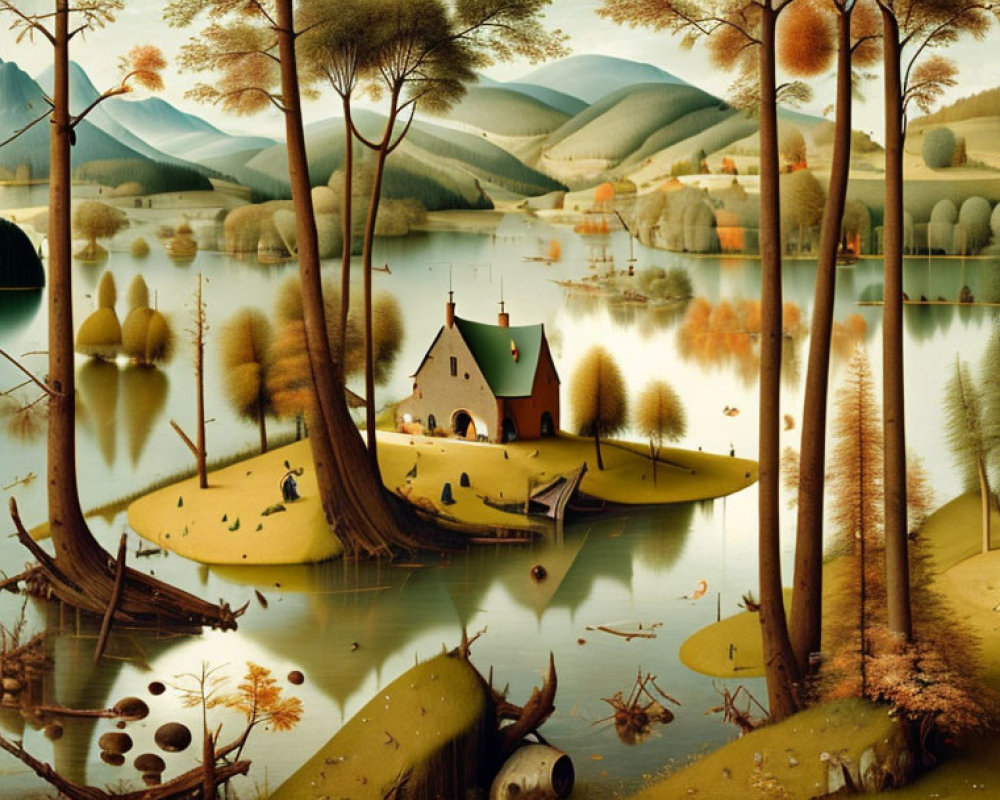 Tranquil autumn landscape with rolling hills, lakes, colorful trees, and cozy houses.