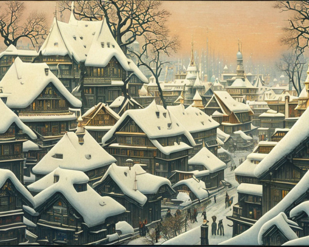 Snowy village scene with pedestrians and spires in wintry sky