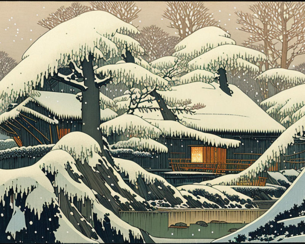 Japanese Ukiyo-e Style Snowy Landscape Illustration
