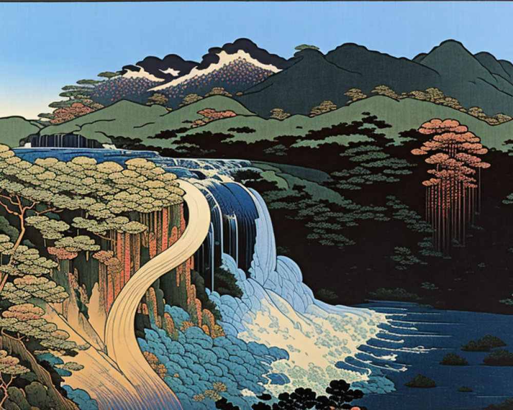 Traditional Japanese illustration: Cascading waterfall in lush mountains