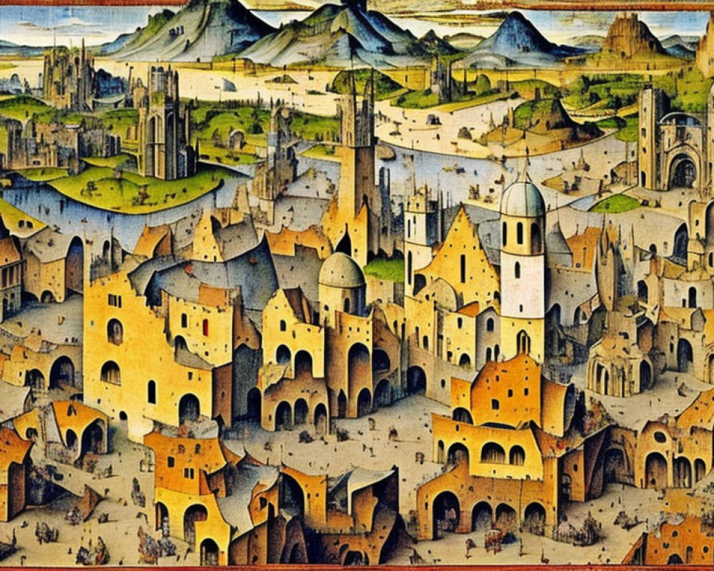 Detailed Medieval Town Painting with Buildings, Mountains, and River