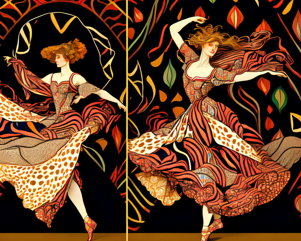 Art Nouveau-inspired images of a dancing woman in flowing dress