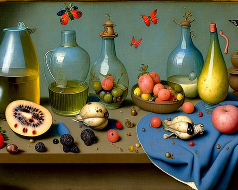 Array of fruits, glass jars, pitcher, berries, and butterflies in still life painting