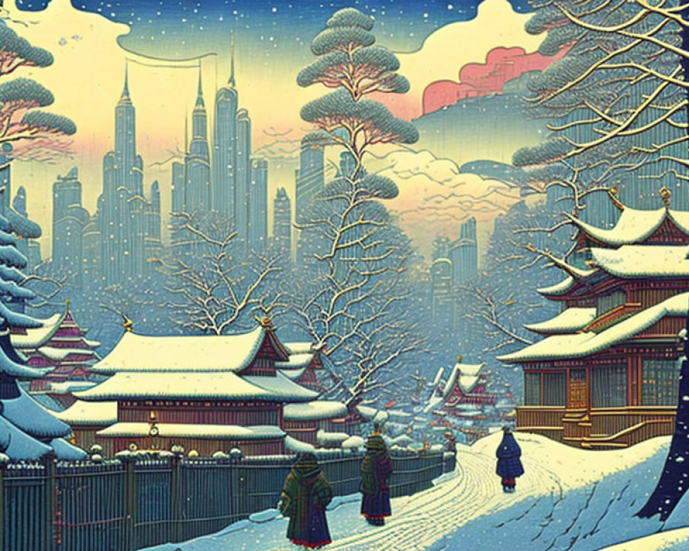 Illustration of Japanese architecture, snowy pines, and futuristic cityscape at dusk