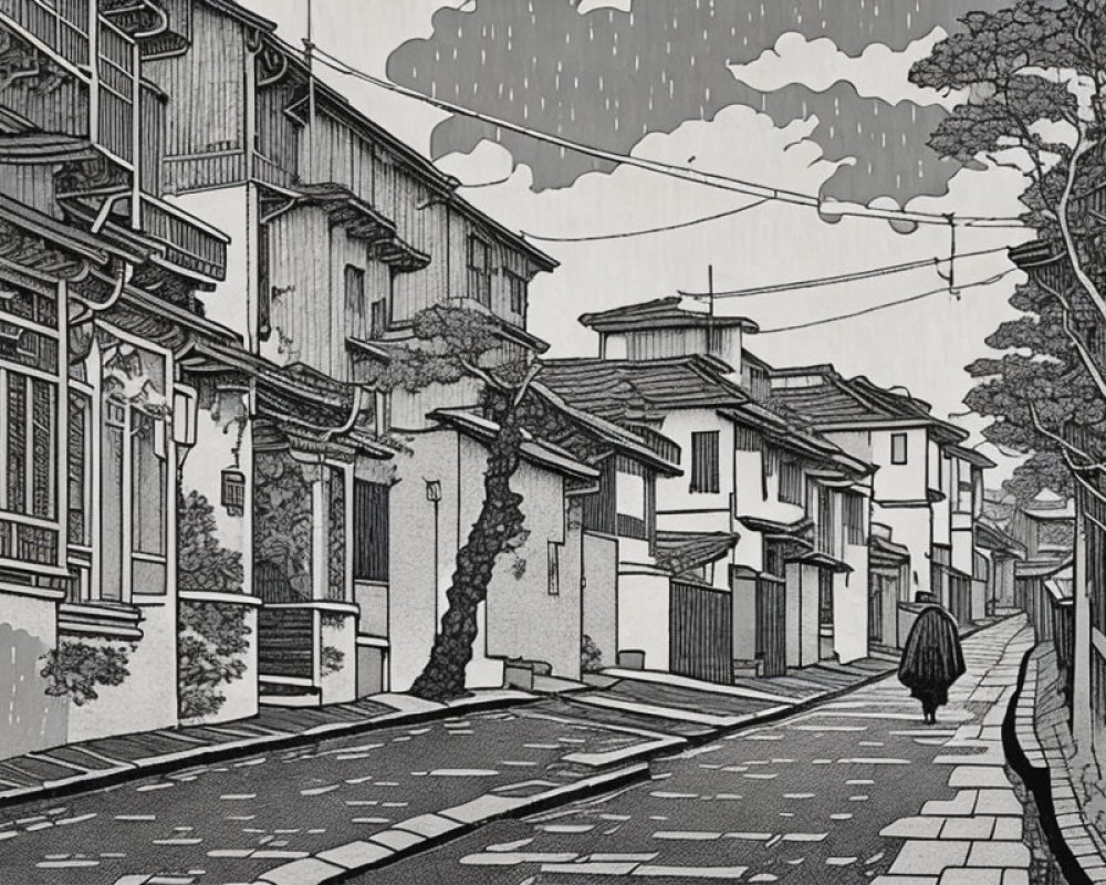 Monochrome drawing of person walking in narrow street with traditional houses and leafless trees under cloudy sky