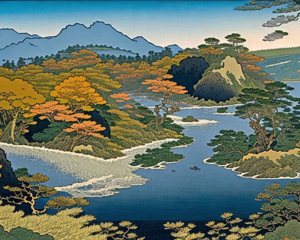 Japanese Style Landscape: Winding River, Autumn Trees, Mountain Silhouettes