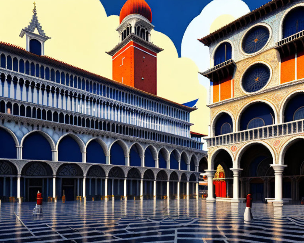 Venetian square with bell tower, arches, checkered flooring under blue sky
