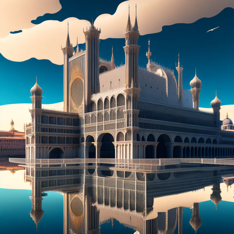 Fantastical palace with ornate spires and arches reflecting on glass-like water surface