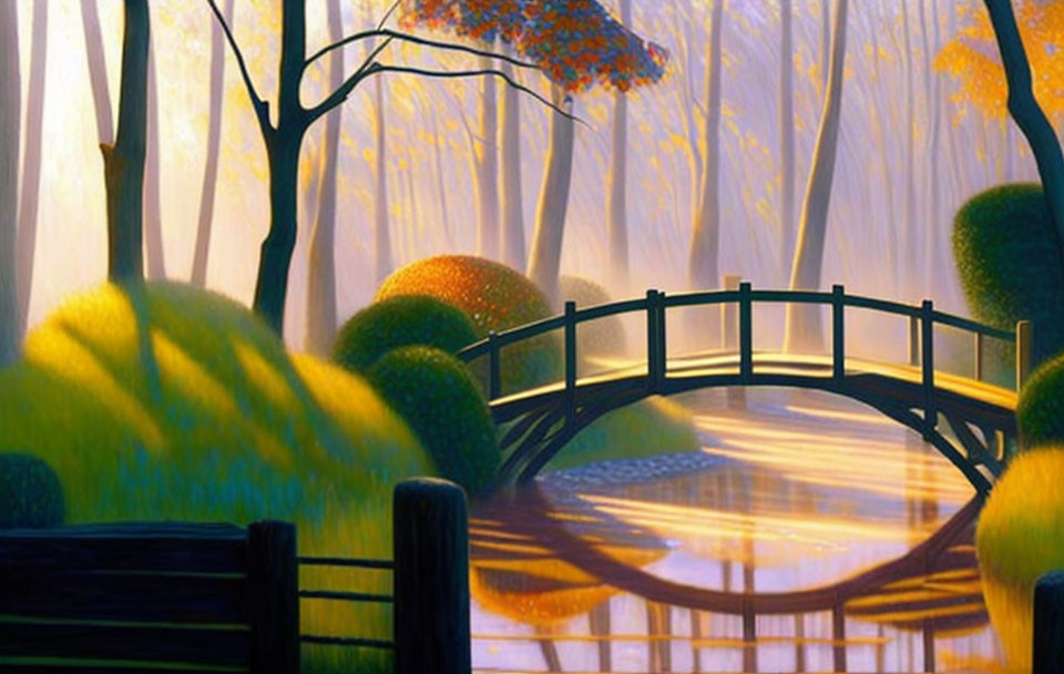 Tranquil forest scene with small bridge over stream in golden sunlight
