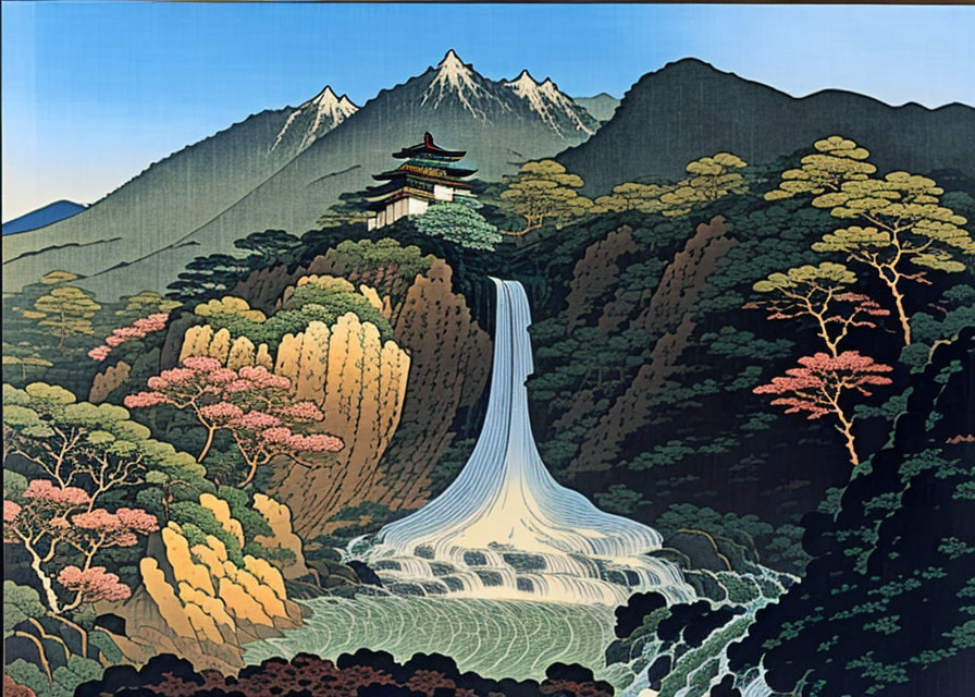 Japanese Artwork: Waterfall in Autumn Forest with Pagoda