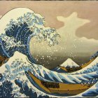Japanese Woodblock Print: Large Wave near Mount Fuji with Boats