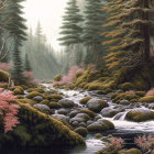 Detailed Illustration of Serene Forest with Stream and Snowpatches