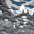 Japanese architecture illustration: Pagoda-style buildings in snowy landscape