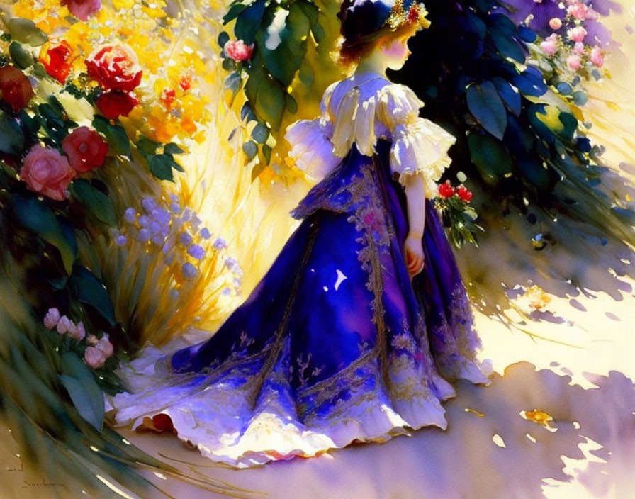 Woman in Blue Dress Surrounded by Vibrant Flowers and Sunlight