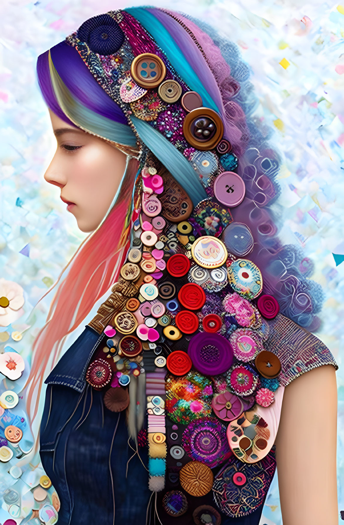 Colorful Hair Woman Profile with Buttons and Blossoms on Pastel Mosaic