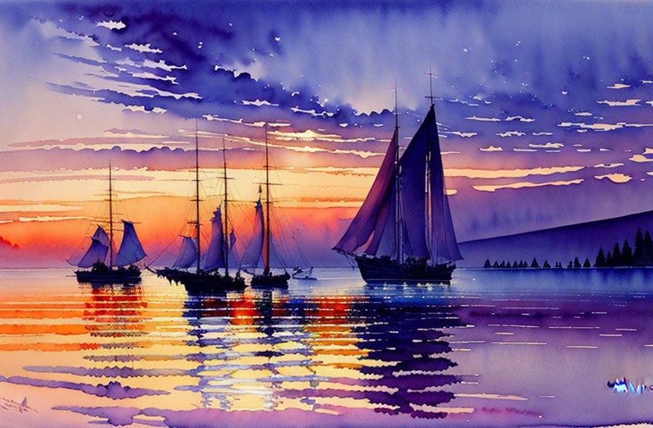 Vibrant watercolor painting: sailing ships on calm sea at sunset