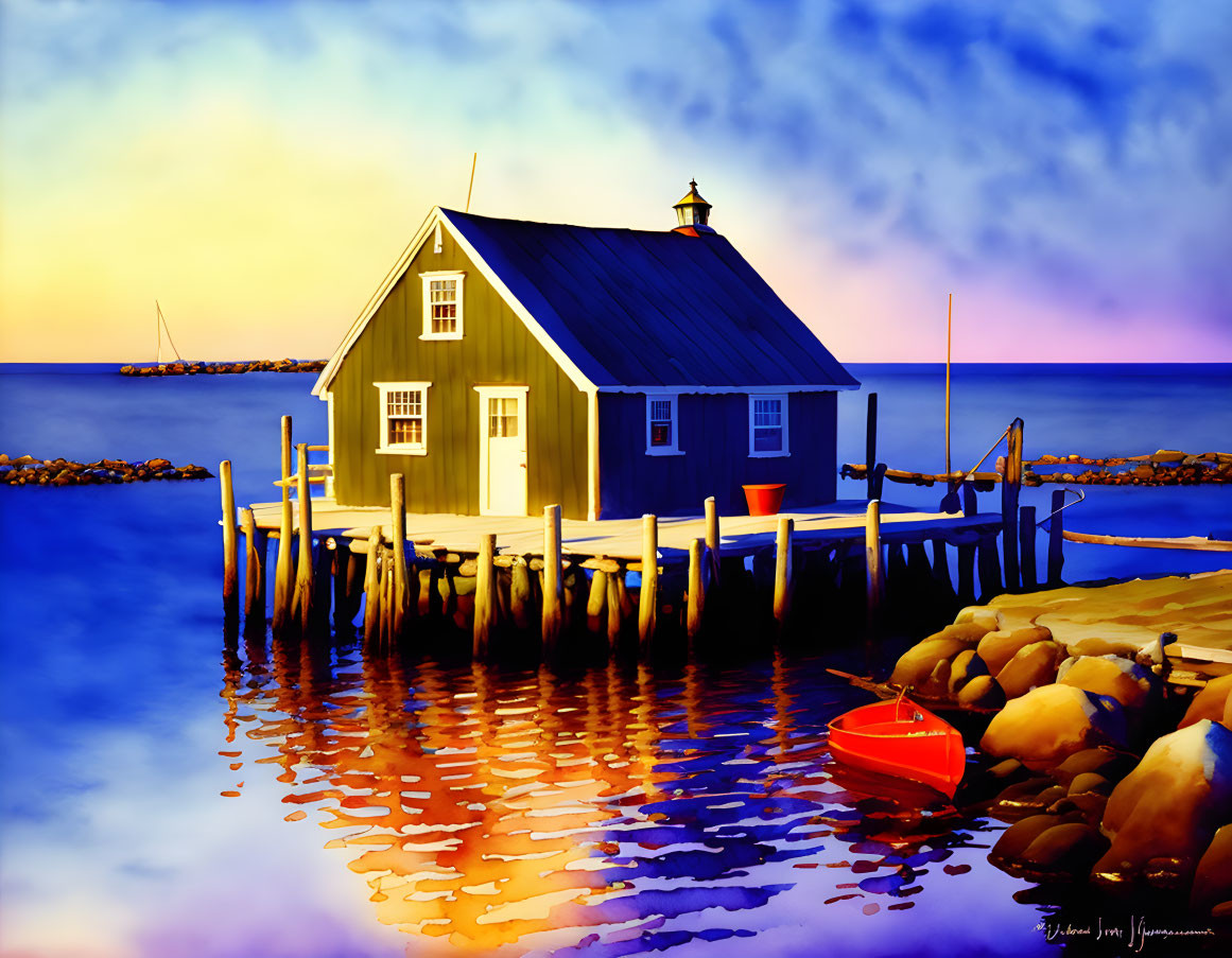 Tranquil waterfront with wooden pier and grey house at sunset