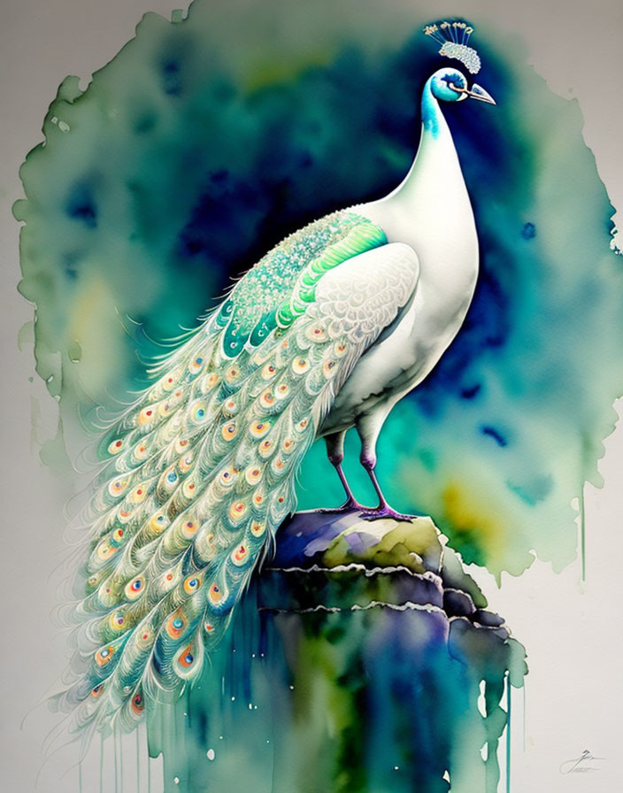 Colorful Peacock Illustration with Vibrant Tail on Rock in Watercolor Background