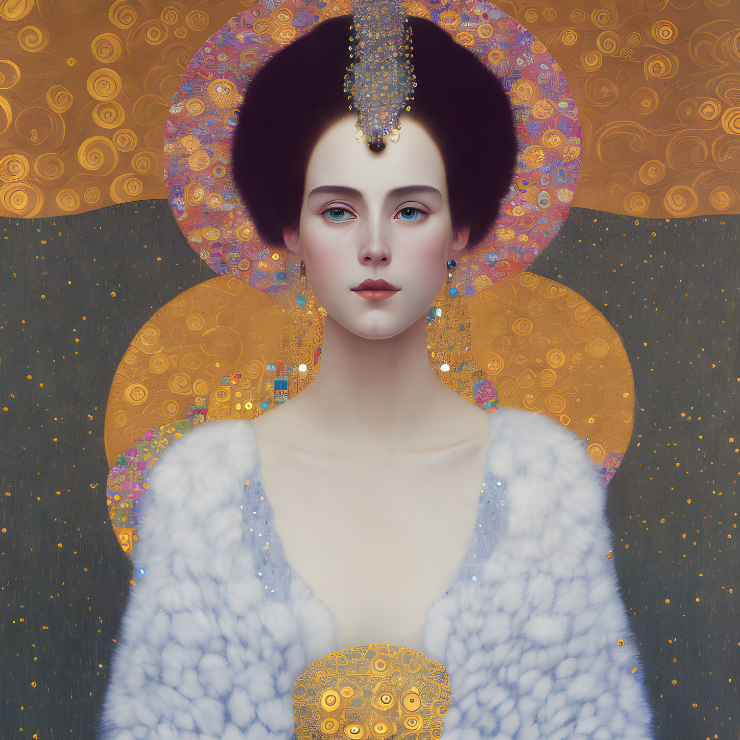 Woman portrait with ornate halo, headdress, and jewelry on golden background