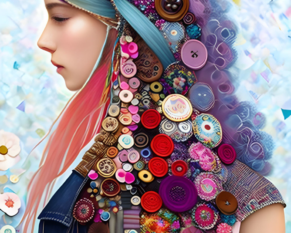 Colorful Hair Woman Profile with Buttons and Blossoms on Pastel Mosaic