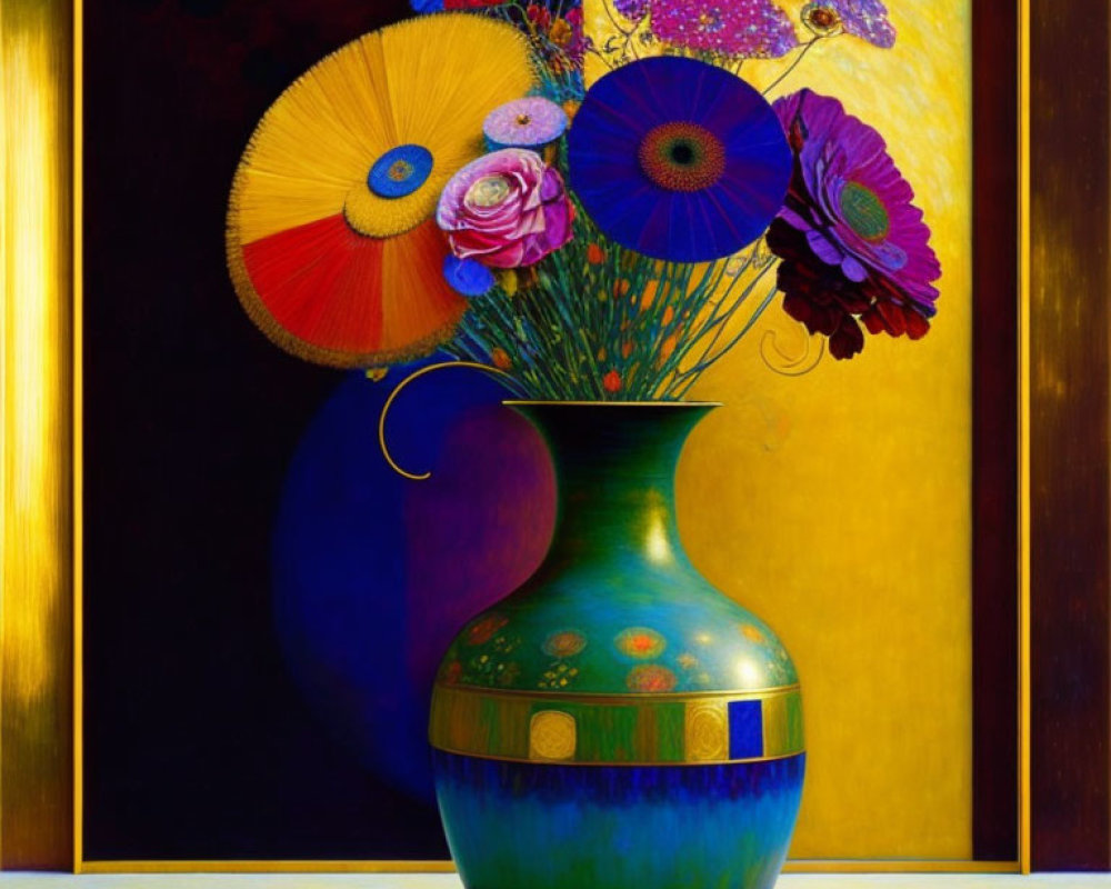 Colorful Flowers and Umbrellas in Vibrant Still Life Painting