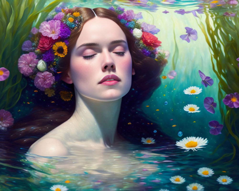 Woman with floral wreath floating in serene water surrounded by flowers