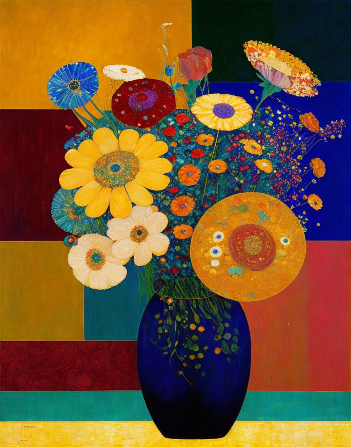 Vibrant floral painting in blue vase on geometric red and gold background