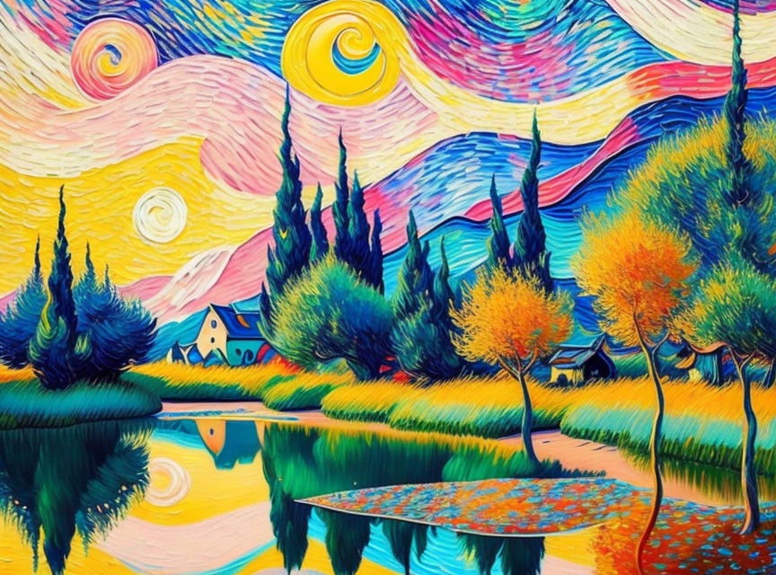 Colorful swirling skies, trees, lake, and sun in a vibrant painting