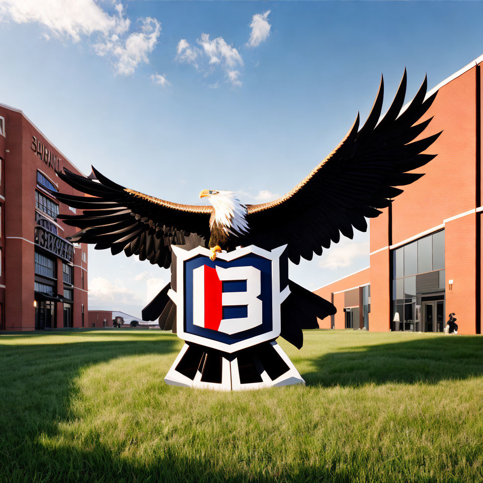 Large Eagle Sculpture Perched on Logo in Front of Building
