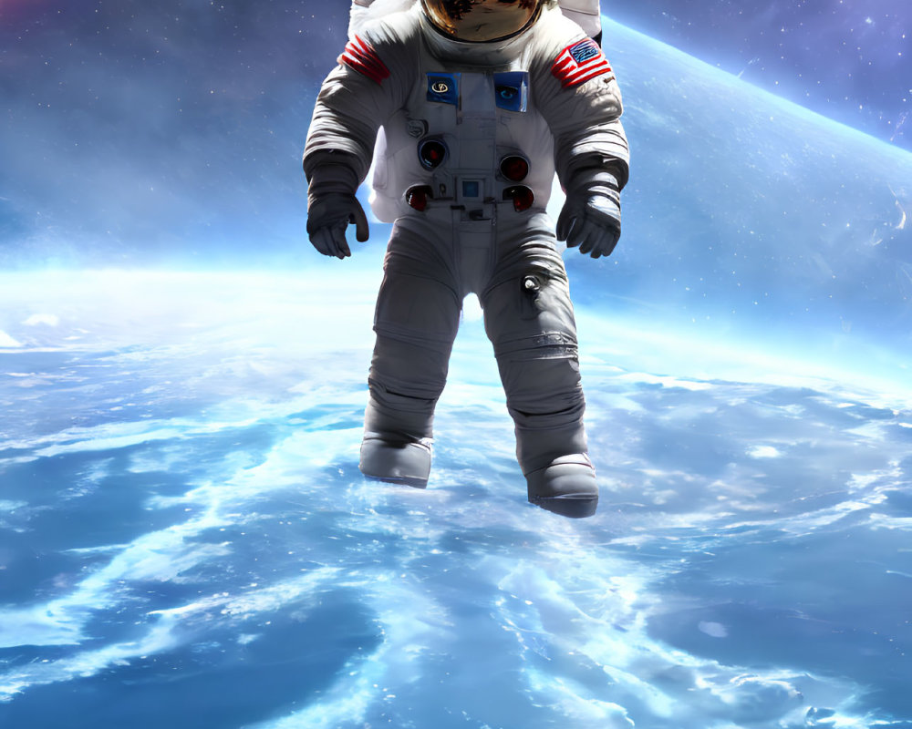 Astronaut in white space suit above Earth with blue ocean and red celestial body