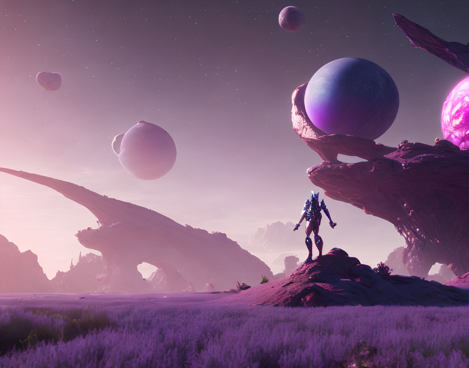 Futuristic armored figure on purple alien landscape