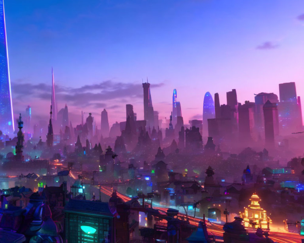Futuristic cityscape at twilight with neon lights and skyscrapers